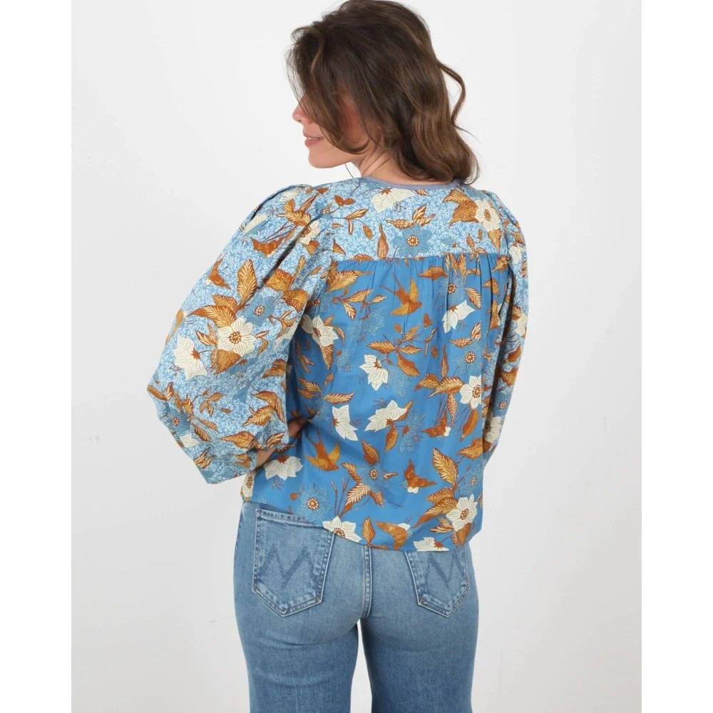 Ulla Johnson Joanie Blouse Size 10 Lapis Blue Floral Puff Sleeve $295